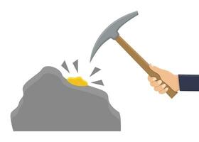 Mining, hand hold mattock, find gold on white background flat illustration vector