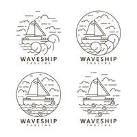 Collection sailing ship and waves illustration monoline or line art style vector