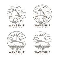 Collection sailing ship and waves illustration monoline or line art style vector