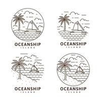 Collection island and sailing boat illustration monoline or line art style vector