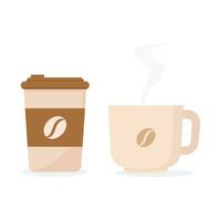 Coffee drink, plastic coffee cup and glass cup flat illustration vector