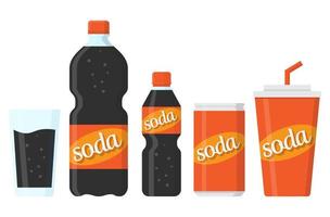 Collection of soda drink container, soda drink, glasses, bottle, soda can, paper soda cup, flat illustration vector