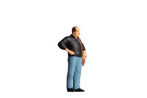 Miniature people Old man holding a shoulder bag  standing on white background with clipping path photo