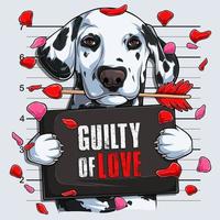 divertido día de san valentín perro dálmata mugshot con la flecha de cupido en la boca culpable de amor vector