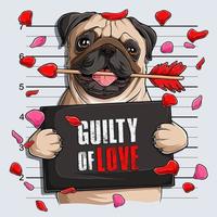 Gracioso mugshot de perro pug del día de san valentín con la flecha de Cupido en la boca culpable de amor vector