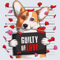 divertido día de san valentín perro welsh corgi mugshot con una flecha de cupido en la boca culpable de amor