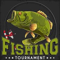 Fishing tournament poster with largemouth bass fish and fishing rod