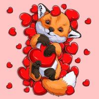 Funny Valentine's day Fox sleeping on a big set of love hearts and holding a big heart vector