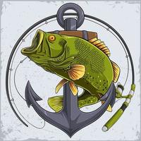 Vintage fishing poster with largemouth bass fish, old anchor and fishing rod vector