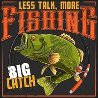 Less talk, more fishing vintage poster with largemouth bass fish and fishing rod, big catch slogan vector