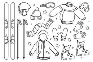 Skis and winter clothes for skiing set equipment isolated on white background in doodle outline style design Vector illustration. Elements for design mountain activities, ski resort, coloring book