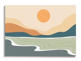 minimalista moderno de mediados de siglo. naturaleza abstracta, mar, cielo, sol, río, cartel de paisaje de montaña de roca. Fondo de paisaje geométrico en estilo escandinavo. ilustración vectorial vector