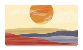 conjunto de minimalistas modernos de mediados de siglo. naturaleza abstracta, mar, cielo, sol, cartel de paisaje de montaña de roca. Fondo de paisaje geométrico en estilo escandinavo. ilustración vectorial vector