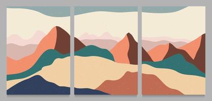 Impresión de arte minimalista moderno de mediados de siglo. Paisajes abstractos de fondos estéticos contemporáneos con montañas, mar, río, cielo, colina. ilustraciones vectoriales vector