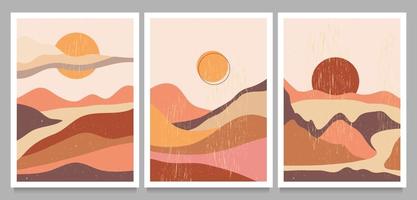 Mid century modern minimalist. Abstract nature, sea, sky, sun, river, rock mountain landscape poster. Geometric landscape background in scandinavian style. Vector illustration