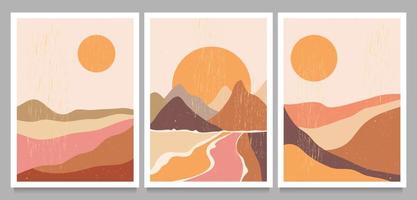 Mid century modern minimalist. Abstract nature, sea, sky, sun, river, rock mountain landscape poster. Geometric landscape background in scandinavian style. Vector illustration