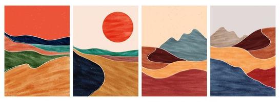 Conjunto de ilustraciones creativas minimalistas pintadas a mano de mediados de siglo moderno. Fondo de paisaje abstracto natural. montaña, bosque, mar, cielo, sol y río vector