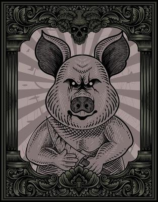 illustration vintage psychopath pig with engraving style