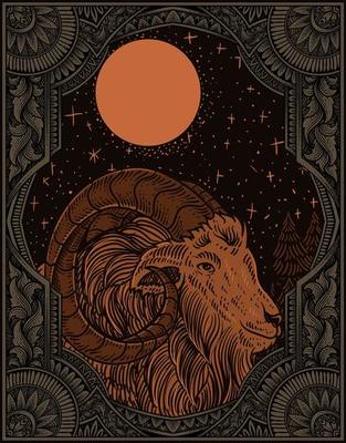 illustration vintage goat with engraving style