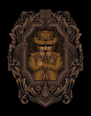 illustration mafia gangster with engraving style