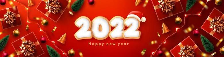 Feliz año nuevo 2022 cartel o pancarta con galletas de jengibre en forma de números 2022 y elemento navideño.Plantilla de pancarta para venta minorista, compras, promoción navideña o de año nuevo. vector