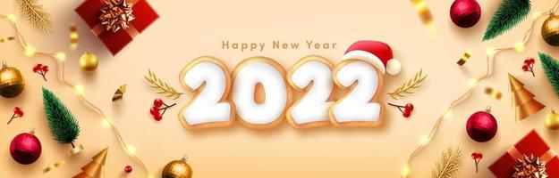 Happy New Year 2022 Poster or banner with Gingerbread cookies in the form of numbers 2022 and christmas element.Banner template for Retail,Shopping,New year or Christmas Promotion. vector