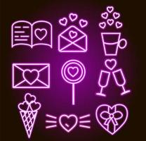 Set of neon valentine icons with hearts. Vector