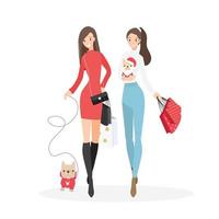 beautiful girl friend winter Christmas costume shopping together with their French bulldog puppy vector