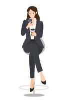 mujer de negocios, control, ella, teléfono móvil, con, taza de café vector