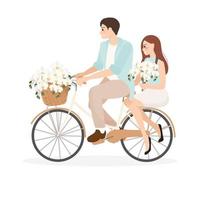 Linda pareja joven montando bicicleta con ramo de orquídeas Phalaenopsis para el día de San Valentín o invitación de boda