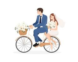 Hermosa joven pareja de novios recién casados andar en bicicleta aislado vector