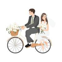 Hermosa joven pareja de novios recién casados andar en bicicleta aislado sobre fondo blanco.