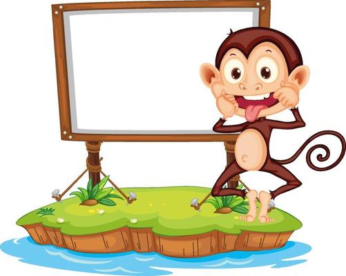 Funny monkey with blank board on white background
