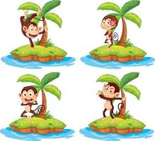 Set of different isolated islands with monkey cartoon characters vector