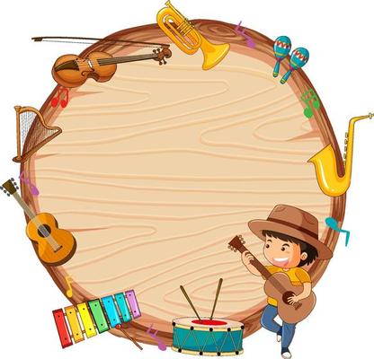 Empty wooden board with musical instruments