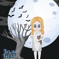 Ghost girl holding teddy bear on full moon background vector