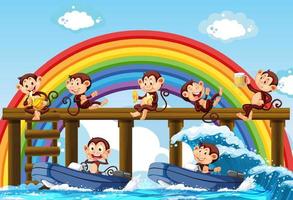 Wooden pier with many monkeys doing different activities vector