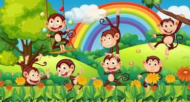 Outdoor park with little monkeys doing different activities vector