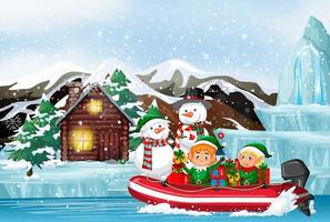 Snowy day with elves delivering gifts by rowboat vector