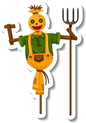 Scarecrow holding rake in cartoon style