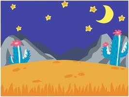 Nature night scene background. Children's theme cartoon. Mountains, sky, clouds, cactus. For kids. Moon and stars. Cartoon vector landscape.