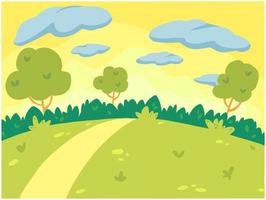 Nature scene background. Children theme cartoon. Trees, sky, clouds, path, green field. For kids. Cartoon vector landscape