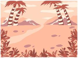 Nature scene background. Children's theme cartoon. Trees, sky, clouds, jungles, palms, mountains. For kids. Cartoon vector landscape. Limited color palette