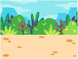 Nature scene background. Children's theme cartoon. Trees, sky, clouds, jungles. For kids. Cartoon vector landscape