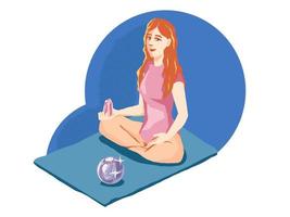 Vector illustration of a young woman sitting on the mat with crystal in her hand. Crystal ball. Self-treatment. Relax, meditation, balance, self-care. Healing crystal