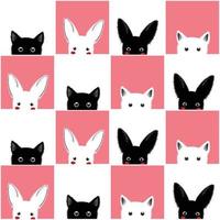 fondo de tablero de ajedrez negro blanco rosa gato conejo vector