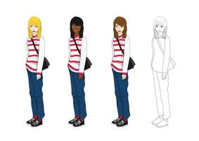 Woman Fashion with Red Stripes Shirt and Jeans vector