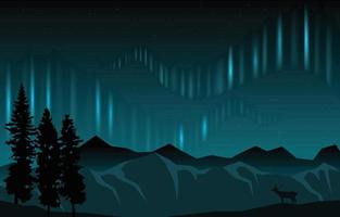 hermosa aurora boreal cielo luz pino ciervo montaña paisaje polar ilustración vector