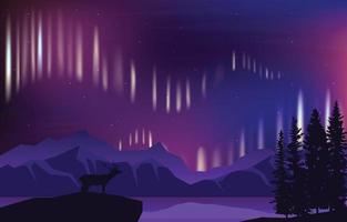 hermosa aurora boreal cielo luz pino ciervo montaña paisaje polar ilustración vector