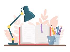 Vector illustration of an open book, a lamp, pencils with pens and a cup of tea. Learning and reading concept